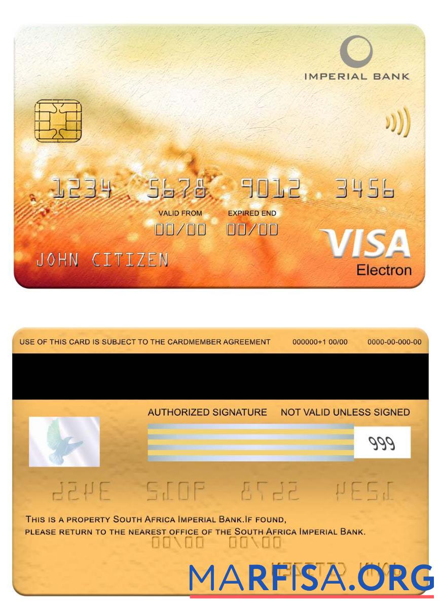 Realistic South Africa Imperial Bank visa electron card example